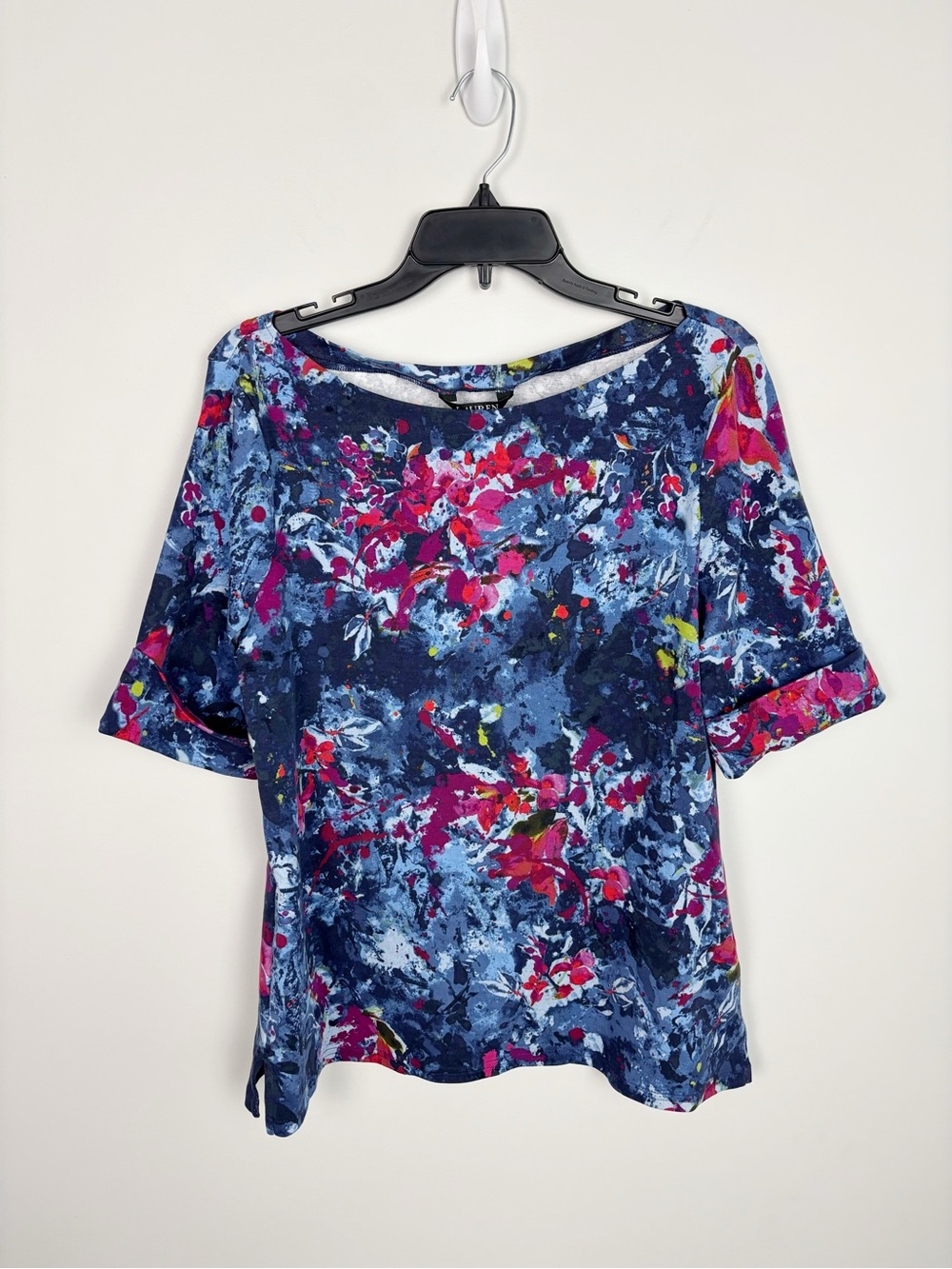 Lauren Ralph Lauren Women's Print Stretch Cotton Boatneck Tee Top Blue Multi XXL - Picture 2 of 7